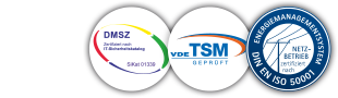 Auszeichnungen: <abbr>ISMS</abbr>-zertifiziert, <abbr>TSM</abbr>-überprüft und <abbr>ISO</abbr>-Normiertes Energiemanagement